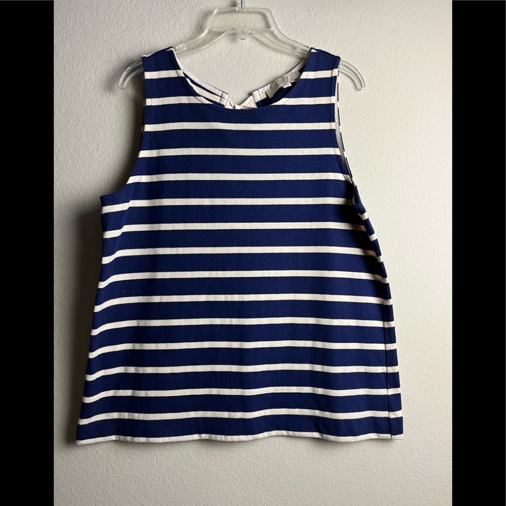 ANN TAYLOR LOFT NAVY BLUE IVORY STRIPED SLEEVELESS BLOUSE SIZE LARGE PREOWNED